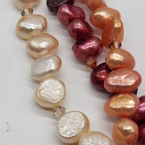 VTG 14/20 Gold Filled Clasp 3 Strand Red Peach Cream Pearl Statement Necklace - Picture 5 of 9